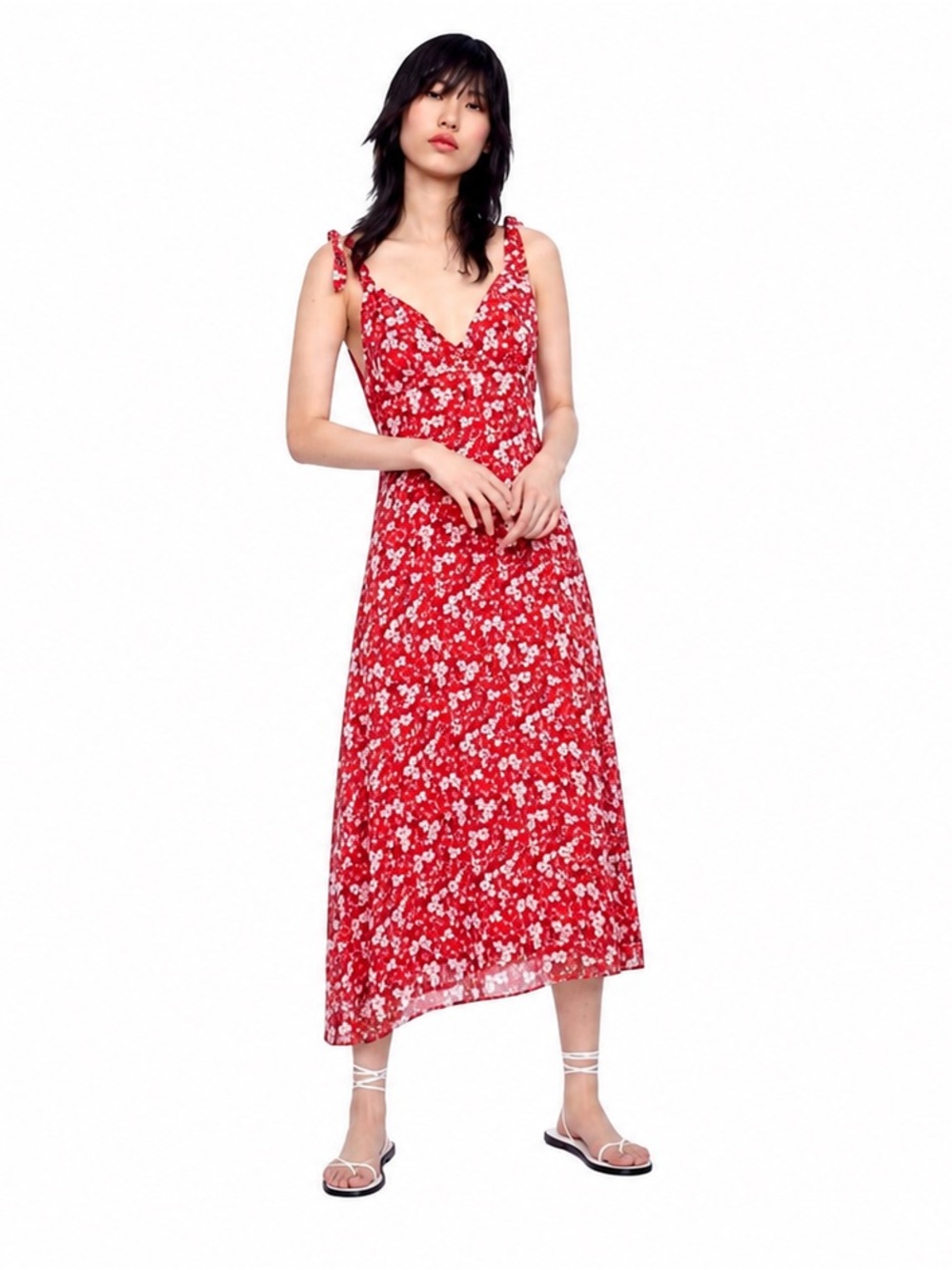 Zara Red Floral Midi Dress Sz M